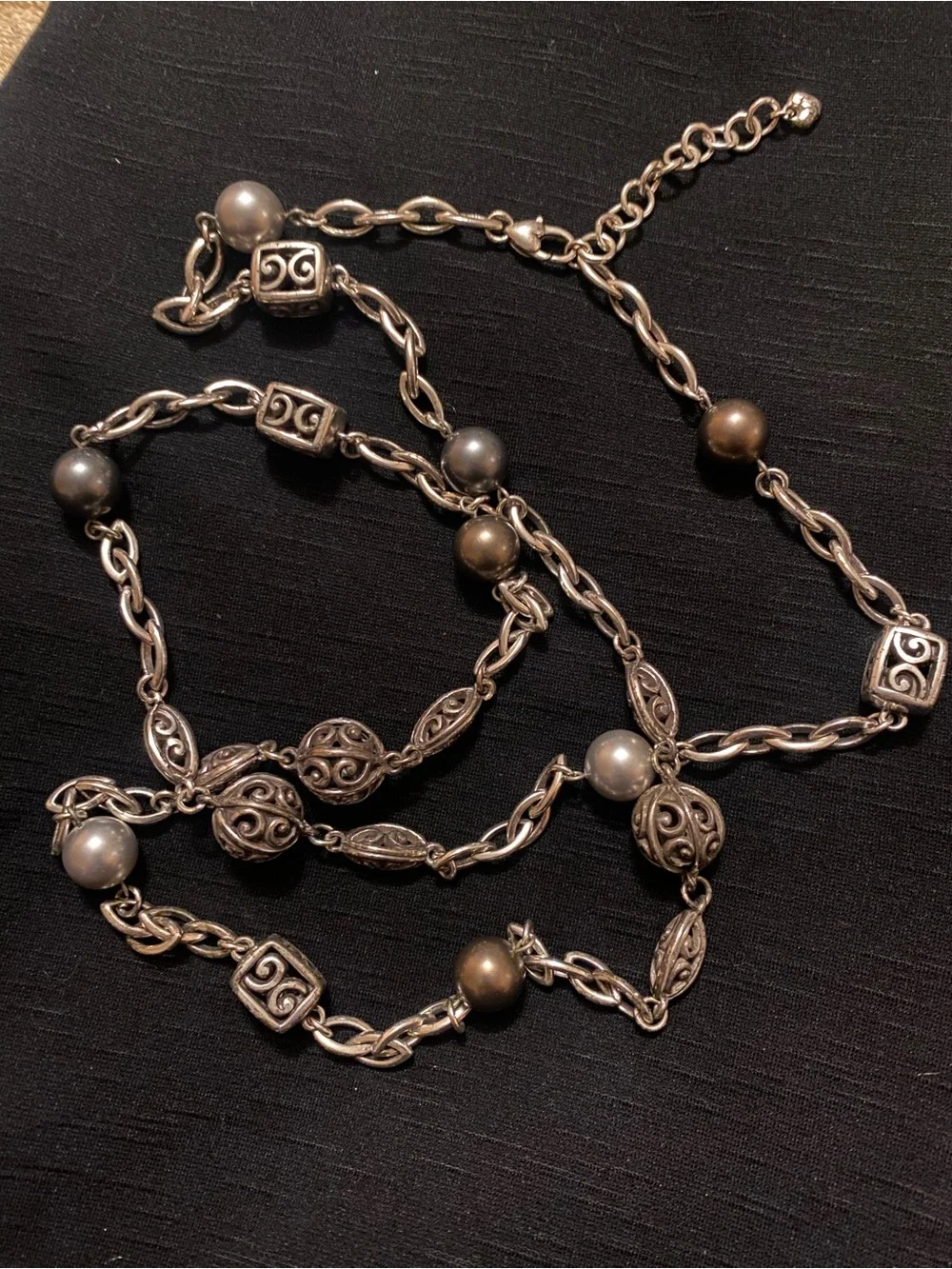 Brighton Ball Cube Pearl Gray Brown Silver Long Silver Necklace/ belt retired